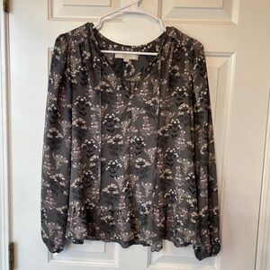 Loft Gray Floral Long Sleeve Blouse